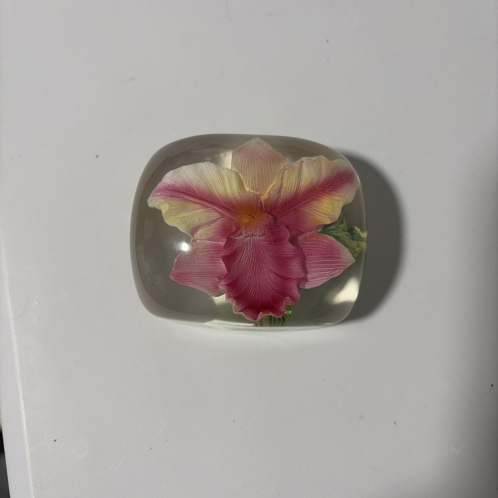 Vintage Lucite Paperweight, Featuring A Pink and White Flower Blossom